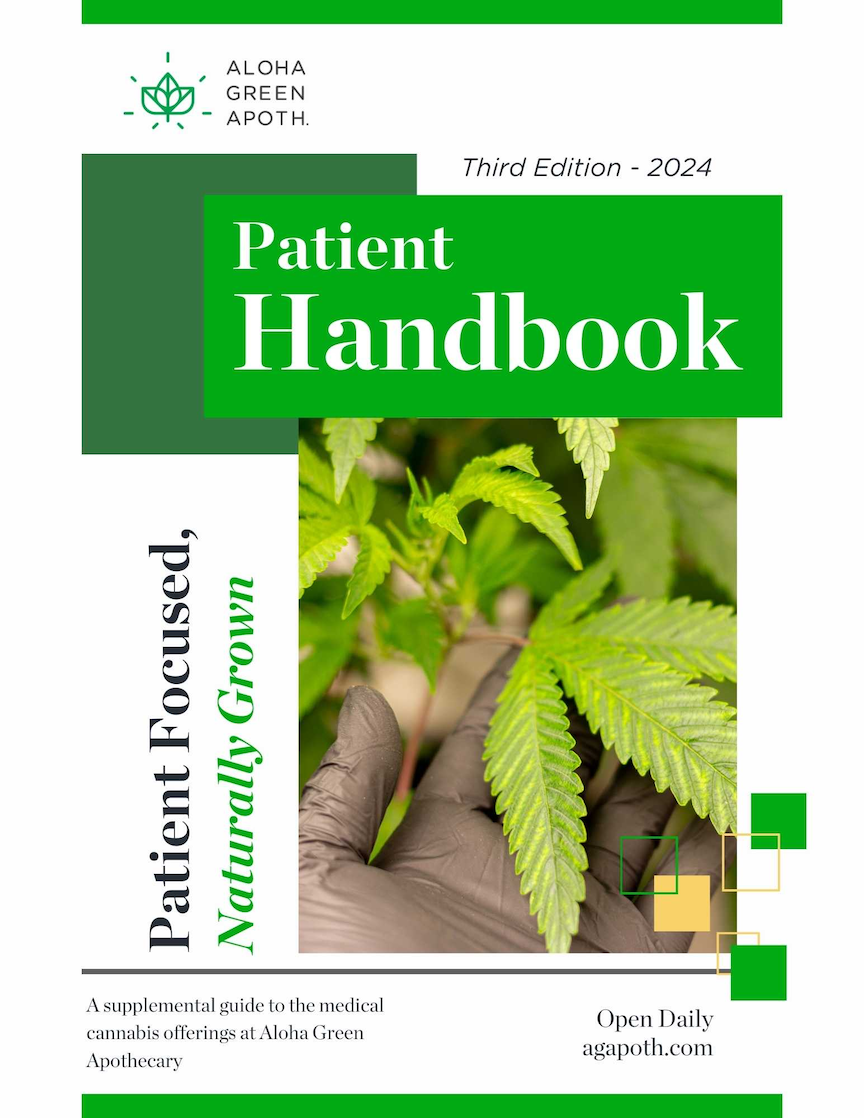 Cover of Aloha Green Apothecary’s 2024 Patient Handbook, featuring cannabis leaves and the tagline “Patient Focused, Naturally Grown.”